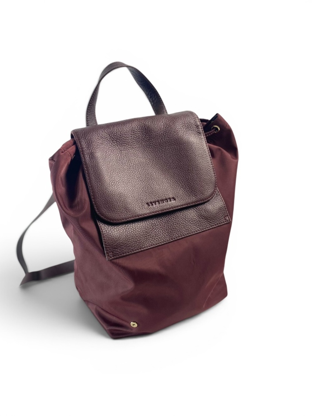 Levenger Burgundy Nylon Leather Backpack Drawstring Lightweight Travel Work Bag